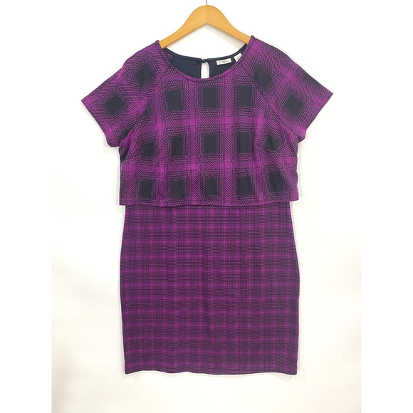 CATO Women's Plaid Dress Size Large Purple Black Stretch 1 Piece Short Sleeve - Picture 1 of 10